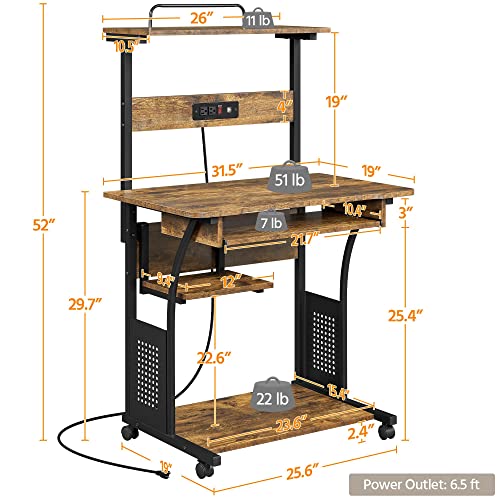 Yaheetech Small 3-Tier Rolling Computer Desk, Power Outlet, Rustic Brown | Engineered wood tiers and metal frame suit small spaces, holding a monitor, printer, and keyboard tray by a built-in outlet. - color: Rustic Brown