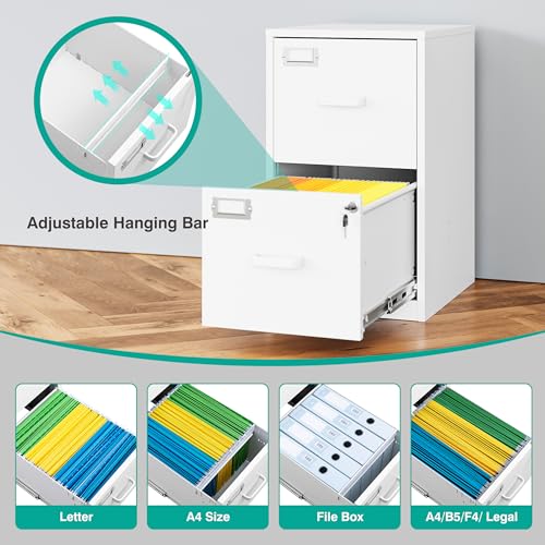 2 Drawer File Cabinet with Lock,Narrow Vertical Filing Cabinet,Under Desk File Cabinets,White Metal File Cabinets for Home Office,Fit Letter/A4/Legal Size File,Easy Assembly - color: White, style: 2 Drawer