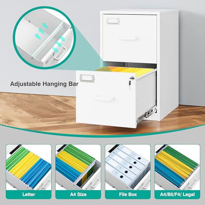 2 Drawer File Cabinet with Lock,Narrow Vertical Filing Cabinet,Under Desk File Cabinets,White Metal File Cabinets for Home Office,Fit Letter/A4/Legal Size File,Easy Assembly - color: White, style: 2 Drawer