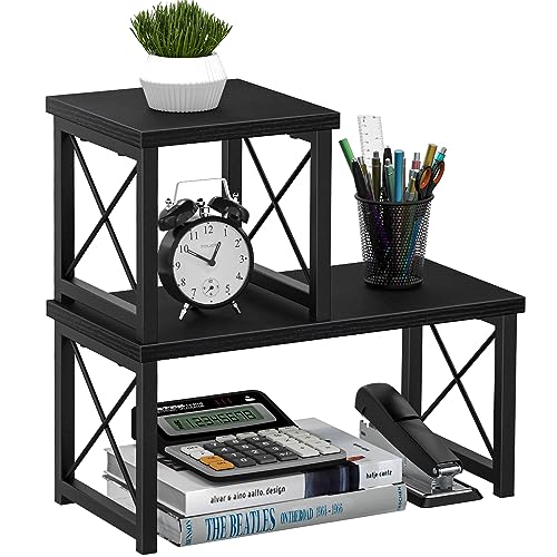 Honiter Desk Shelf Desktop Organizer 2 Tier Wood Small Bookshelf,Rustic Brown Freestanding Adjustable, Organizer, Stackable, Desk Stand, Storage Organizers, Kitchen Counter Display Rack - color: Black, size: 7.6in-1 Pack
