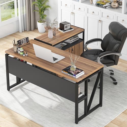 Tribesigns 55-inch L Shaped Desk with Drawer Cabinet, Executive Computer Desk and lateral File Cabinet, 2 Piece Home Office Furniture with Drawers for Hanging File, Doors with Locks (Brown, 55 inches) - color: Brown, size: 55 inches