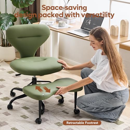 YFO Ergonomic Cross Legged Office Chair and ADHD Meditation Chair with Silent Wheels for Home Office Desk Chair and Yoga, Wider Backrest Support and Storage Pockets Design, PU Leather, Green - color: Pu-green