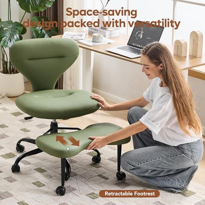 YFO Ergonomic Cross Legged Office Chair and ADHD Meditation Chair with Silent Wheels for Home Office Desk Chair and Yoga, Wider Backrest Support and Storage Pockets Design, PU Leather, Green - color: Pu-green