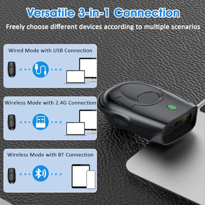 Symcode Bluetooth 2D Barcode Scanner Mini Portable QR Code Scanner 3-in-1 Bluetooth & 2.4G Wireless & USB Wired Barcode Scanner with Android,iOS,Computers,Windows - color: 2D QR Black