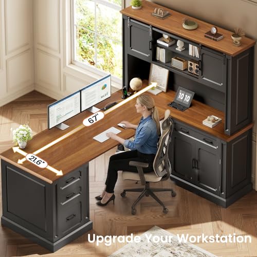 SEDETA 67" Farmhouse Executive L Shaped Desk with Hutch | Office Desks with 4 Drawers & Storage,Executive Desk,File Drawer,Power Outlet,Black+Brown - color: Black+brown, size: 67" L Shaped Desk with Hutch