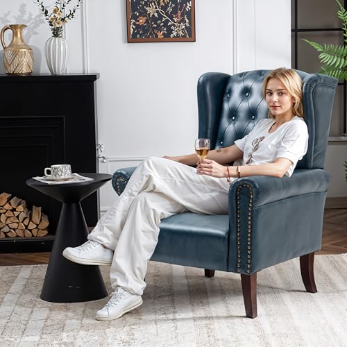 MOJAY Modern PU Leather Accent Chair, Living Room Lounge Sofa Chair with Buttons, Single Club Armchair with Rivet Trim for Bedroom Home Reception (DarkBlue) - color: Blue, size: Set of 1