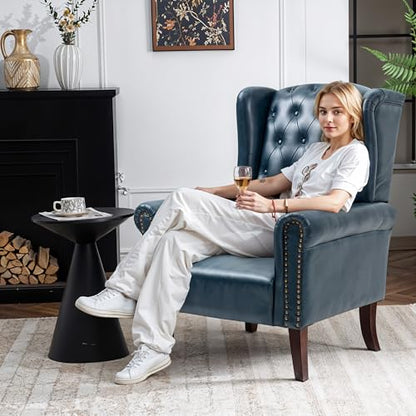 MOJAY Modern PU Leather Accent Chair, Living Room Lounge Sofa Chair with Buttons, Single Club Armchair with Rivet Trim for Bedroom Home Reception (DarkBlue) - color: Blue, size: Set of 1