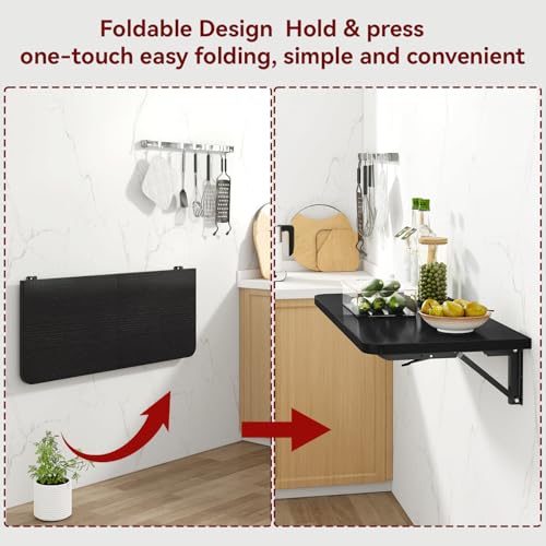IBUYKE Wall Mounted Folding Table, Floating Wall Desk for Small Spaces, Fold Down Laundry Shelf with Heavy-Duty Brackets, Wall Table for Home Office/Bar/Kitchen/Dining Black UTVT005B - color: Black