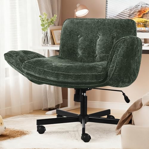 Criss Cross Chair with Wheels & Arms, Chenille Cross Legged Office Chair with 5-level Folding Armrest, Comfortable Adjustable Swivel Vanity Chair for Home, Make Up, Bed Room, Office, Accent (Green) - color: Green, style: Modern