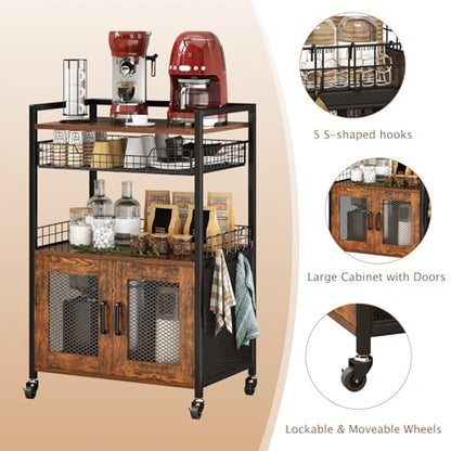 Hencawima Coffee Bar Cabinet, 3 Tier Coffee Station Table on Wheels, 35.9" H Bar Cart with Wire Basket Drawer & 5 Hooks for Home Kitchen, Liquor Buffet Sideboard Cabinet (Rustic Brown) - size: Large
