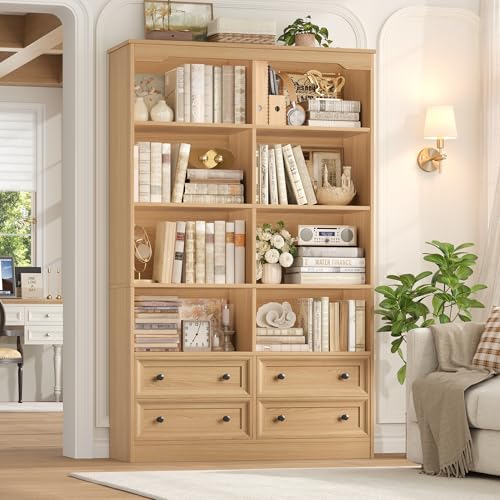 71" Tall Bookshelf with 4 Drawers Large Bookshelf Office Bookcase | 6-Tier Double Wide Bookshelves and Bookcases with Storage, Tall Bookshelf Standing Book Cabinet for Home Office, Natural - color: Natural