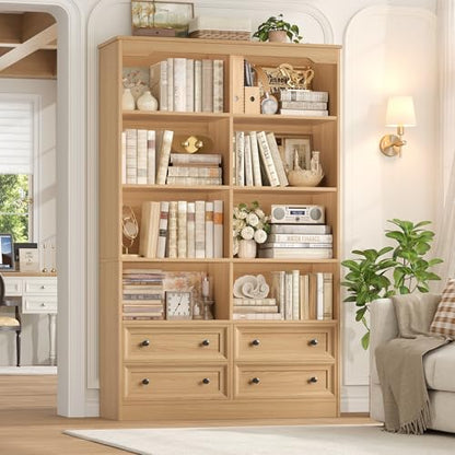 71" Tall Bookshelf with 4 Drawers Large Bookshelf Office Bookcase | 6-Tier Double Wide Bookshelves and Bookcases with Storage, Tall Bookshelf Standing Book Cabinet for Home Office, Natural - color: Natural