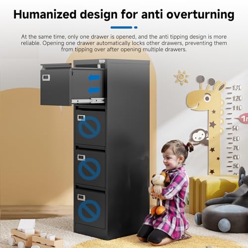 4 Drawer File Cabinet with Lock Metal Vertical File Cabinet Office Home Vertical File Cabinet for A4 Legal/Letter Size Narrow File Cabinet Locked,Assembly Required (Black, 4 Drawers- Vertical) - color: Black, size: 4 Drawers