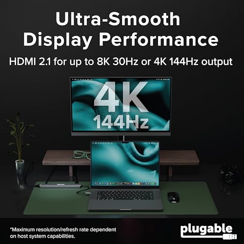 Plugable USB C Hub: 10-in-1 Multiport Adapter (8K/4K 144Hz HDMI 2.1, 2.5G Ethernet, 140W Charging, 10Gbps Data) Driverless IT Deployment for MacBook Pro/Air Windows Thunderbolt Chromebook, USBC-10IN1E