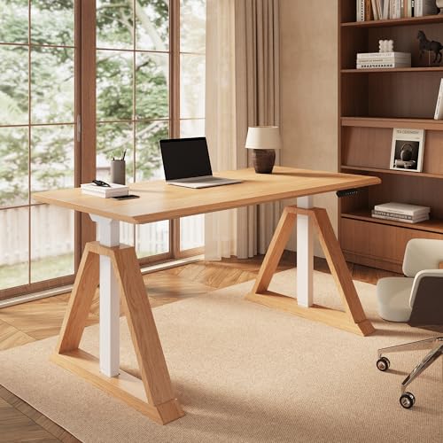 FLEXISPOT 55 x 28 Inch Oak Executive Standing Desk, Natural | Japandi-Inspired Sit-Stand Desk, Architectural V-Frame Design, Multi-Monitor Setups, Dual Motor & 220 LBS - color: Natural, size: 55"x28" Oak