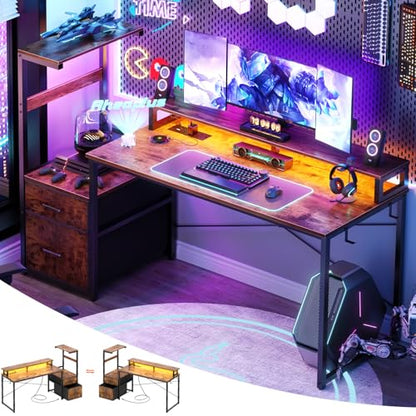 Aheaplus Gaming Desk with LED Strip & Power Outlet, 59Inch Reversible Computer Desk with Monitor Stand & Storage Shelves, Home Office Desks with Fabric File Drawer, Gamer Table PC Desk, Rustic Brown - color: Rustic Brown