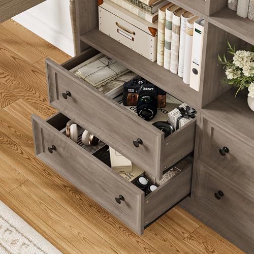 71" Tall Bookshelf with 4 Drawers Large Bookshelf Office Bookcase | 6-Tier Double Wide Bookshelves and Bookcases with Storage, Tall Bookshelf Standing Book Cabinet for Home Office, Ash Grey - color: Ash Grey