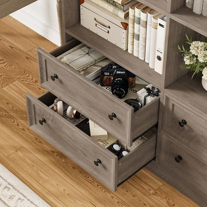 71" Tall Bookshelf with 4 Drawers Large Bookshelf Office Bookcase | 6-Tier Double Wide Bookshelves and Bookcases with Storage, Tall Bookshelf Standing Book Cabinet for Home Office, Ash Grey - color: Ash Grey