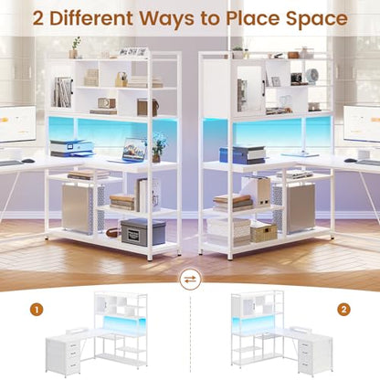 SEDETA 58'' L Shaped Computer Office Desk with 3 Drawers and Bookshelf - color: White