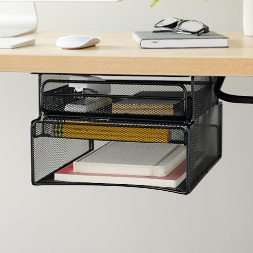 Safco 3244BL Onyx Mesh Deluxe Under Desk Hanging File & Paper Organizer, Black, Steel Construction, 2 Compartments, Tabletop or Desktop. Perfect for Home, Office & Classrooms, Black - style: Under Desk Mounted Storage and Bin