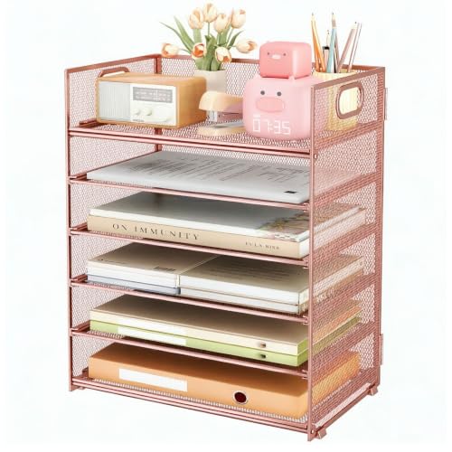 6 Trays Paper Organizer with Handle - Mesh Desk File/Letter Paper Sorter Organizer for Office, Home or School (Rose Gold) - color: Rose Gold