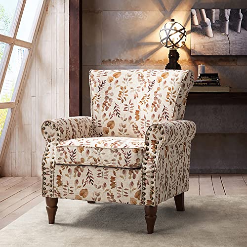 HULALA HOME Traditional Floral Accent Chair with Solid Wood Legs, Yellow | Comfy Upholstered Armchair Reading Chair with Rolled Armrests, Nailhead Trim, Removable Cushion, for Living Room Bedroom - color: Yellow