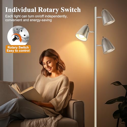QiMH Tree Floor Lamp with 3 Light Bulbs, Standing Tall Pole Lamps for Living Room Bedroom Office, Reading Stand up Lamps with 3 Adjustable Arms,Brushed Nickel - color: Brushed Silver