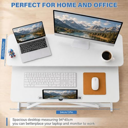 37" Height Adjustable Standing Desk Converter, 4.9" to18.5 Height Adjustable Sit Stand Up Desk Riser with Secondary Desks, Desktop Workstation Riser for Home Office Computer Laptop, White - color: White