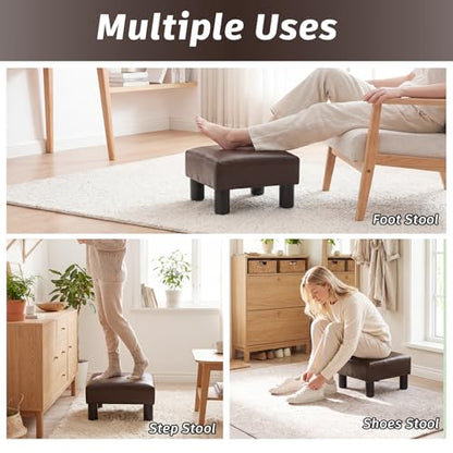 Joveco Small Foot Rest Stool Ottoman, 15" Leather Footrest Square Footstool with Non-Skid Plastic Legs, for Chair, Under Desk, Office, Living Room, Brown - color: Brown