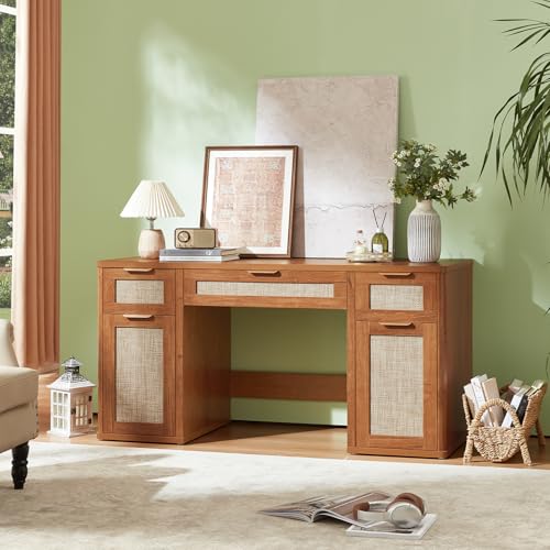 LEYAOYAO Office Desk 56" with 5 Drawers Storage File Cabinet, Tea Brown - color: Tea Brown