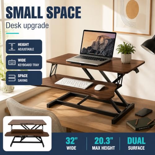 32" Height Adjustable Sit Stand Desk Converter, Dual Monitor Laptop Riser, Black (Desk Converter (Walnut)) - color: Desk Converter (Walnut)