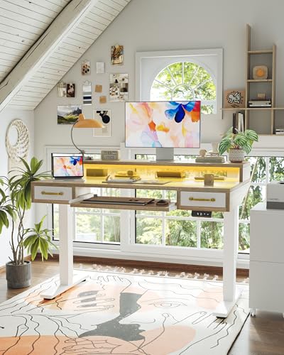 TIQLAB Standing Desk with Two Drawers, Stand Up Standing Desk Adjustable Height, Electric Sit Stand Table with Storage Shelf and Splice Board, with LED Light, 47 * 28 inch, Maple - color: Maple, size: 47*28 inch with keyboard tray