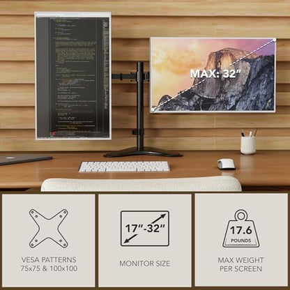 Mount-It! Dual Monitor Stand, Premium Adjustable Desk Mount for Two 13–32 Inch Screens up to 17 lbs Each, Full Motion Swivel Tilt Rotate Height Adjustable Arms, VESA 75x75 100x100, Steel Base