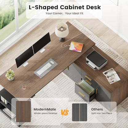 ModernMate L Shaped Electric Standing Desk with Drawers & Power Outlets