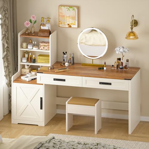 60" Computer Desk with Drawers & Bookshelves for Bedroom, Home Office - color: Antique White