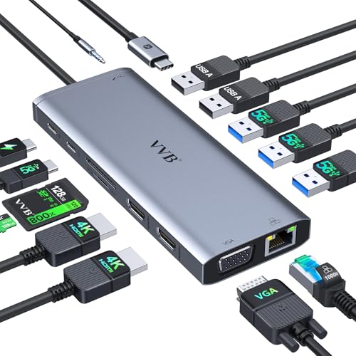 USB C Docking Station Dual Monitor HDMI for Dell HP Lenovo Laptop,14 in 1 Docking Station to 2 HDMI Port 4K+VGA USB Type C Hub Multiport Adapter Dongle Dock,USB C to Ethernet+5 USB+SD/TF+100W PD+Audio - size: 6.2 inches