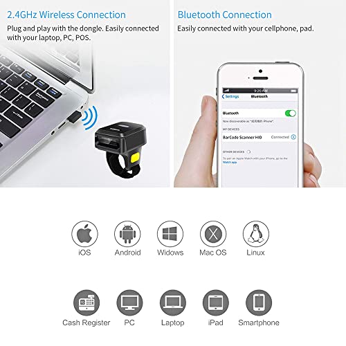 2D Wireless Ring Barcode Scanner,Portable Bluetooth Wearable Finger 1D 2D Mini Bar Code Reader Scanner Suppot Screen Scanning with Bluetooth & 2.4GHz Wireless & Wired Connection Scanner