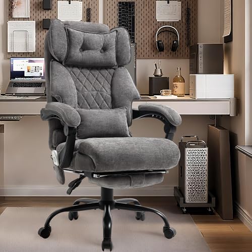 Massage Office Chair with Foot Rest,6 Points Vibration & Heat Executive Office Chairs for Heavy People,500LBS Big and Tall Office Chair,Ergonomic Reclining Desk Chair,Dual-Use Pillow,Grey - color: Grey, size: 6 Point Vibration