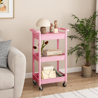 MIOCASA Utility Rolling Cart with Cover Top Board, 3-Tier Kitchen Storage Organization, Art Cart with Wheels for Office, Classroom, Livingroom, Kitchen, Bathroom, Pink, Plastic - size: 3-Tier, style: Pink