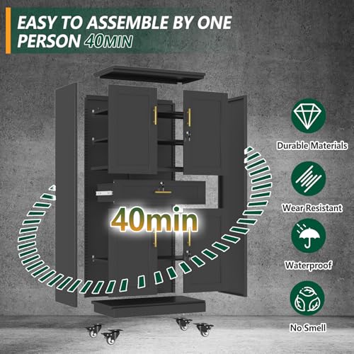 winiowa 71" Tall Metal Garage Storage Cabinet with Wheels and Locking Doors, Locking Rolling Tool Cabinet with Drawer and 3 Adjustable Shelves for Garage,Home,Office (Black) - color: Black-drawer