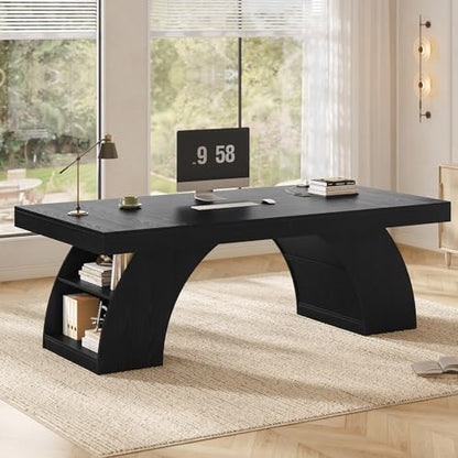 UPOSOJA 70.9 Inch Executive Desk, Large Office Desk with Power Outlet & Storage Shelves, Modern Aesthetic Computer Desks Wood Workstation Business Furniture Writing Table for Home Office (Black) - color: Black
