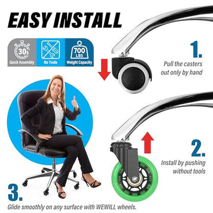 WEWILL Office Chair Wheels - Rubber Casters Replacement Universal Fit 98% Chair(Set of 5) Heavy Duty 3 Inch Smoothly & Quietly Safe for All Floor, Hardwood, Tile, Carpet, Noise Free - Green - color: Deep Green