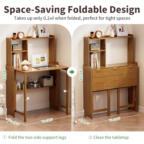 Folding Desk for Small Spaces, Bamboo Foldable Desk with Bookshelf, Brown - color: Brown, size: 47.24"H x 21.65"D x 32.28"W