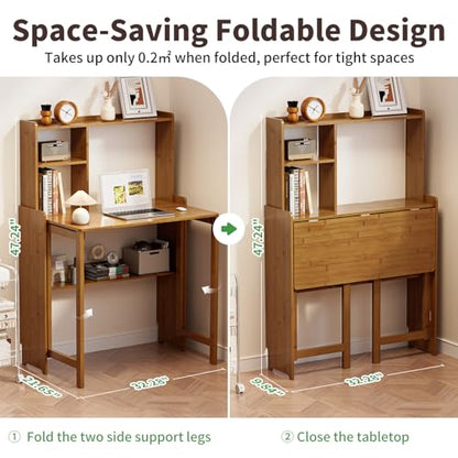 Folding Desk for Small Spaces, Bamboo Foldable Desk with Bookshelf, Brown - color: Brown, size: 47.24"H x 21.65"D x 32.28"W