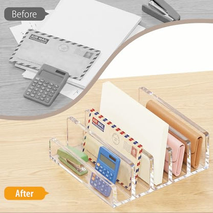 Clear Acrylic Mail Holder, 5-Compartment Vertical Letter Organizer for Desk, Space-Saving Desktop Files, Bills& Notebooks Holder for Home, Office & School - size: 5 Compartment