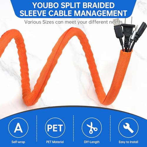 Split Braided Cable Sleeve，Flexible Wire Loom Tubing, Automotive Cord Protector Pet Proof, Cable Management for Computer TV Electric Wires Harness 16ft (Orange, 30mm（1-3/16") - color: Orange, size: 30mm（1-3/16")