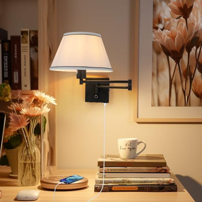 17" Swing Arm Wall Lamp White Fabric Shade - color: Black+White