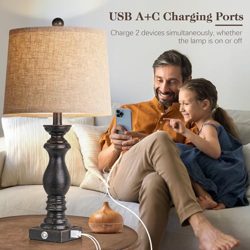 24.5" Table Lamp Set of 2, Rustic Farmhouse Bedside Lamps with USB A+C Charging Ports, 3-Way Dimmable Touch Control Nightstand Lamps for Living Room Bedroom, Antique Black, LED Bulbs Included - color: Antique Black