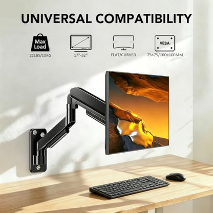 Single Monitor Wall Mount for 17 to 32 inch Flat/Curved Computer Screens,Full Motion Adjustable Monitor Wall Arm Holds Up to 22lbs,VESA Wall Mount 75x75/100x100, Black - size: 17”-32” monitor arm