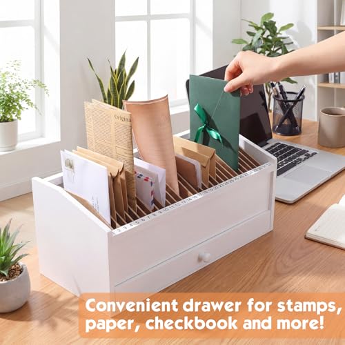Wood Desktop Organizer with Drawer, 17 Inch 32 Section Bill & Mail & File Organizer Storage for Office Desk, Desktop Mail Holder and Office Supplies Storage, Letter and Paper Sorter (White) - color: White